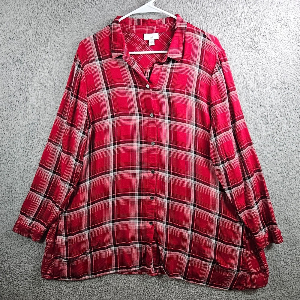 J Jill Tunic Shirt Top Women Large Button Up Long Sleeve Red Plaid